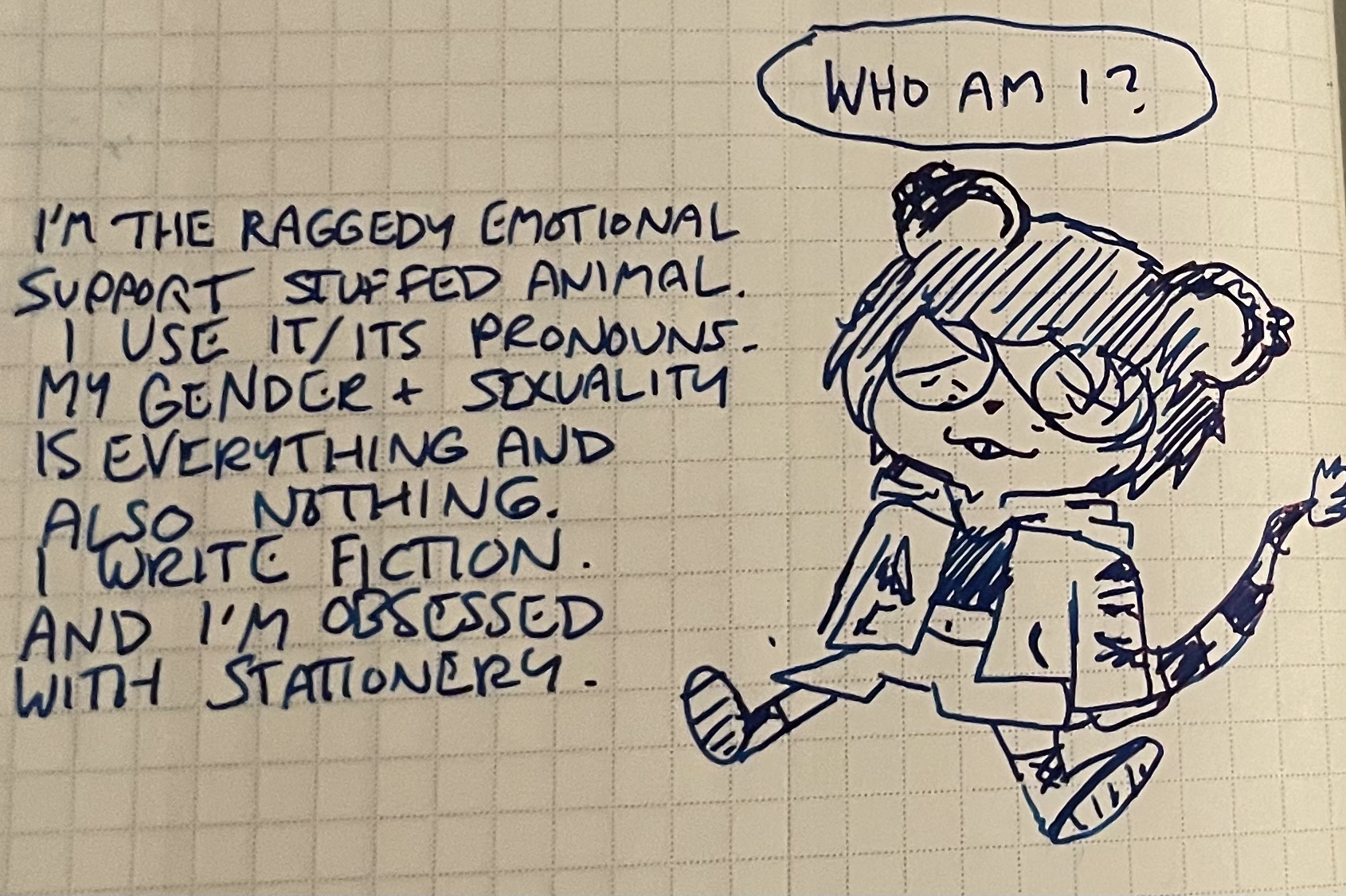 WHO AM I? i'm your raggedy emotional support stuffed animal. i use it/its pronouns. my gender and sexuality is everything and also nothing. i write fiction, and i'm also obsessed with stationery.